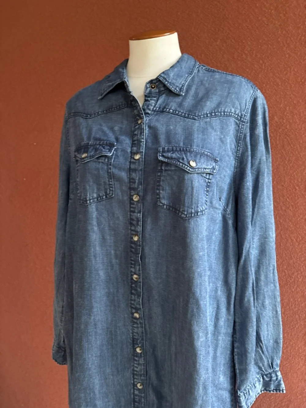 Button-Front Long-Sleeve Denim Shirt Dress - Blue - Picture 2 of 7